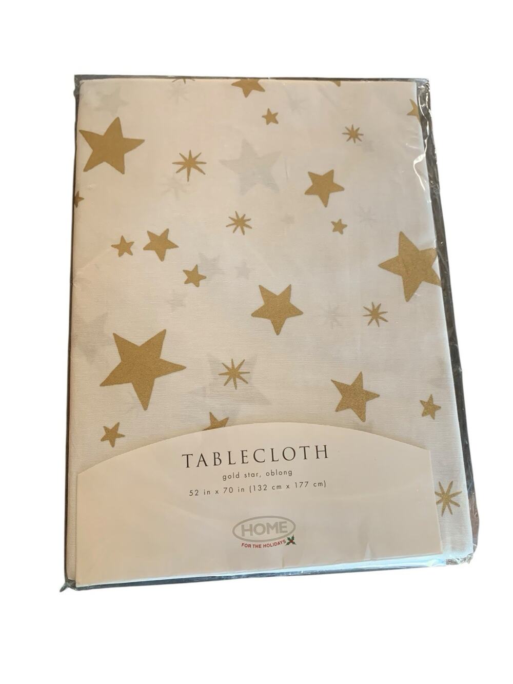 Homeβ for the Holidays oblong tablecloth white gold star Party 52 X 70 In